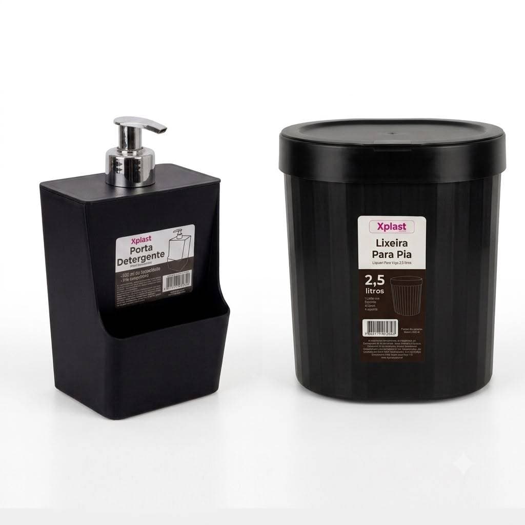 Kit Organização de Pia: Lixeira Compacta 2,5L + Porta Detergente 550ml