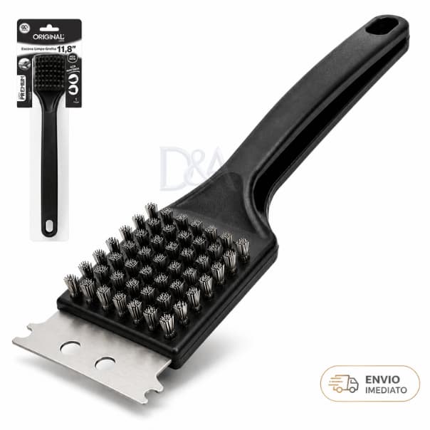 Escova Limpa Grelha Churrasqueira com Raspador Aço Inox e Cerdas de Aço Resistente