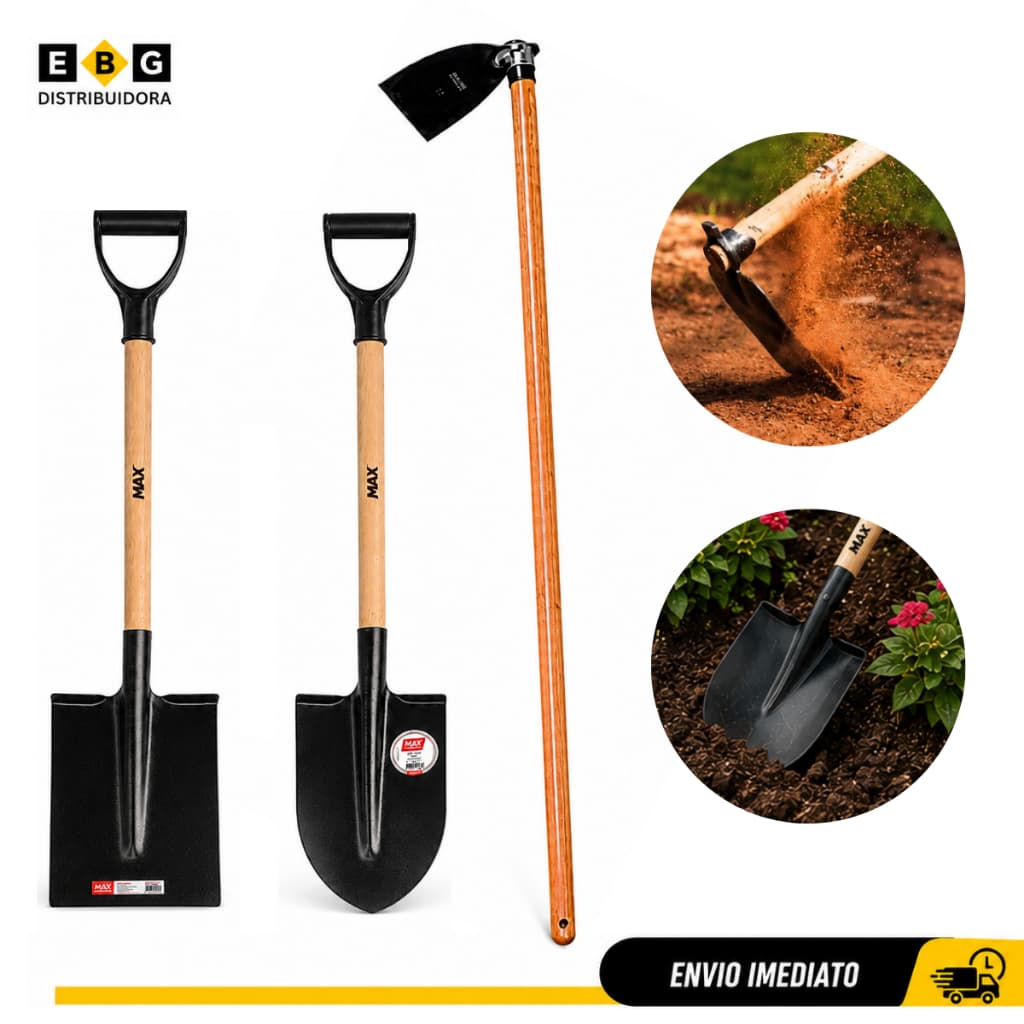 Kit Pá Quadrada + Pá de Bico + Enxada Construção Jardim Agricultura