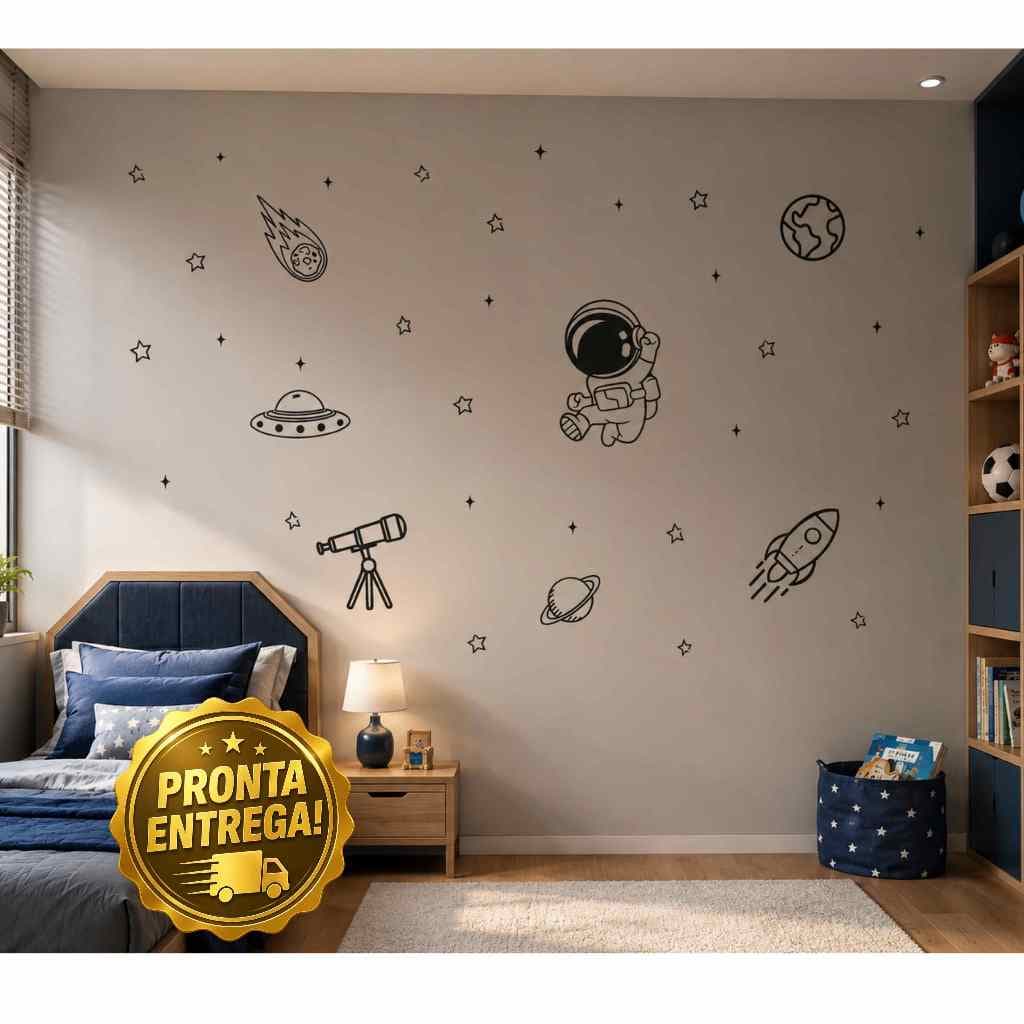 🚀 Adesivo de Parede Infantil Personalizado | Universo, Astronauta, Foguete, Planetas e Estrelas 🌙