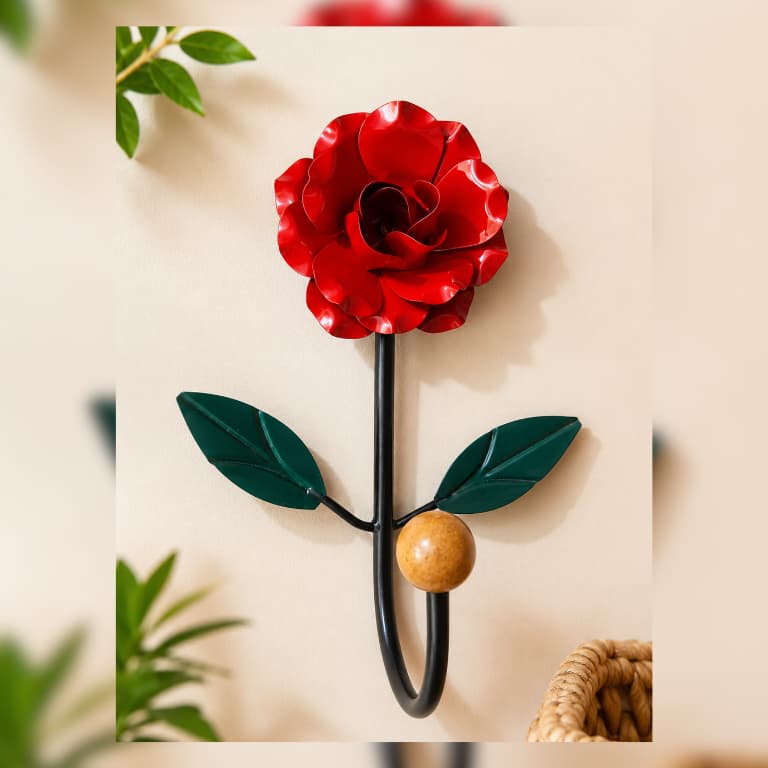 Cabideiro de Parede Rosa Vermelha em Metal Decorativo Gancho Porta Chaves Bolsas Toalhas