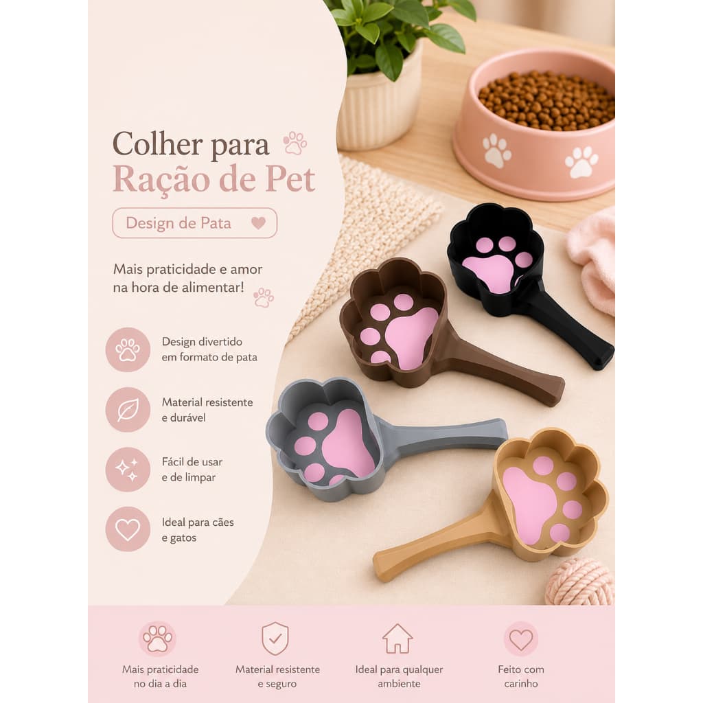 Colher Medidora para Ração Pet – Design de Patinha | Cães e Gatos