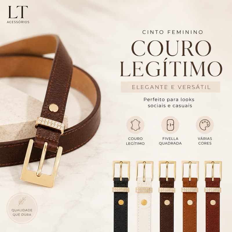 Cinto Feminino Couro Legítimo Social Casual Fivela Dourada Delicado e Elegante