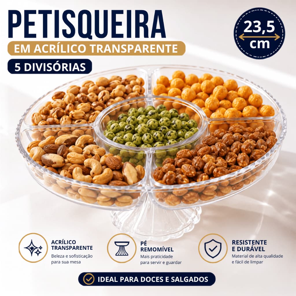 PETISQUEIRA EM ACRÍLICO TRANSPARENTE COM PÉ REMOVÍVEL – 5 DIVISÓRIAS SEM TAMPA