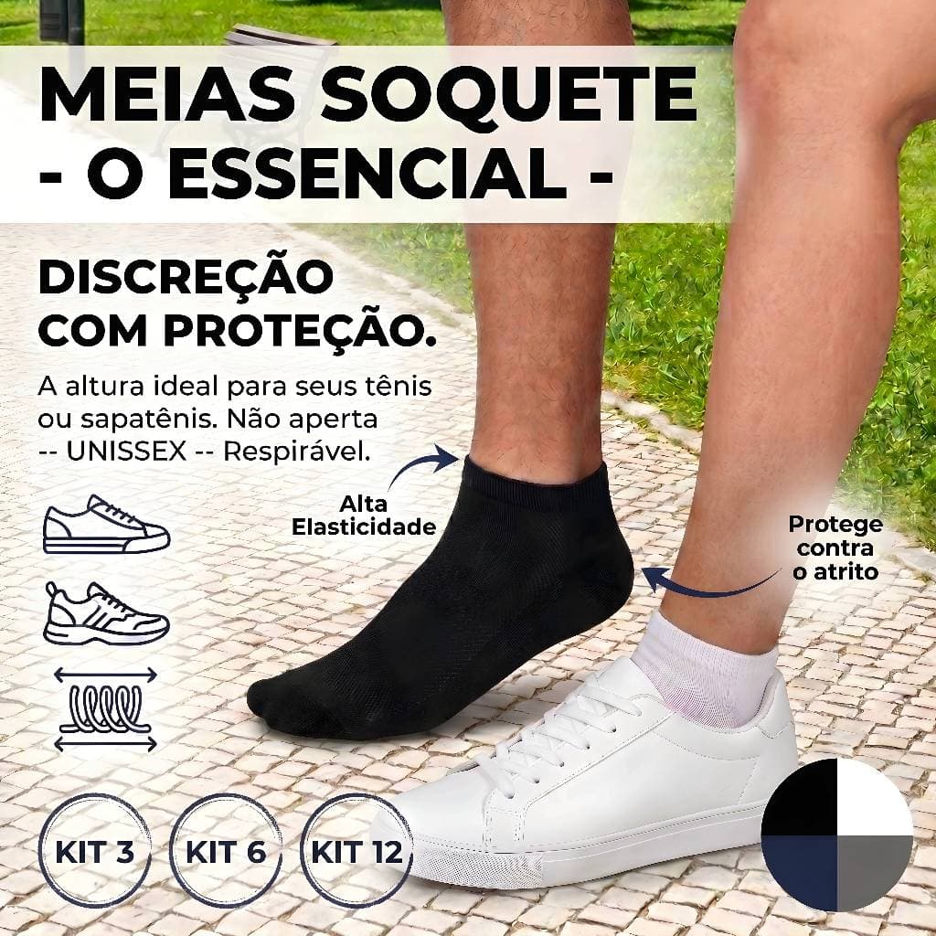 Kit Meia Soquete Cano Baixo Unissex Branca Azul Cinza Confortável J&F