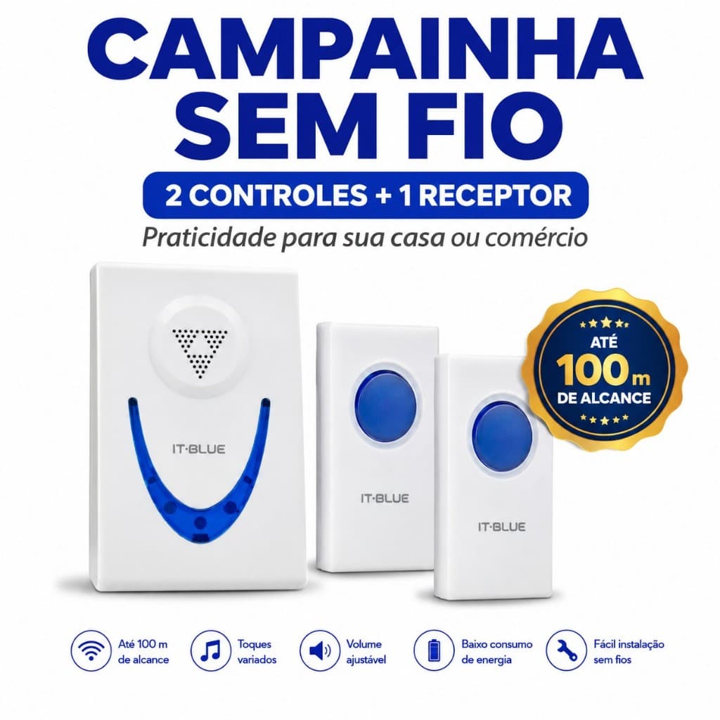 Campainha Residencial Sem Fio 2 Interruptores It Blue 32 Toques Distancia 100mts Branco