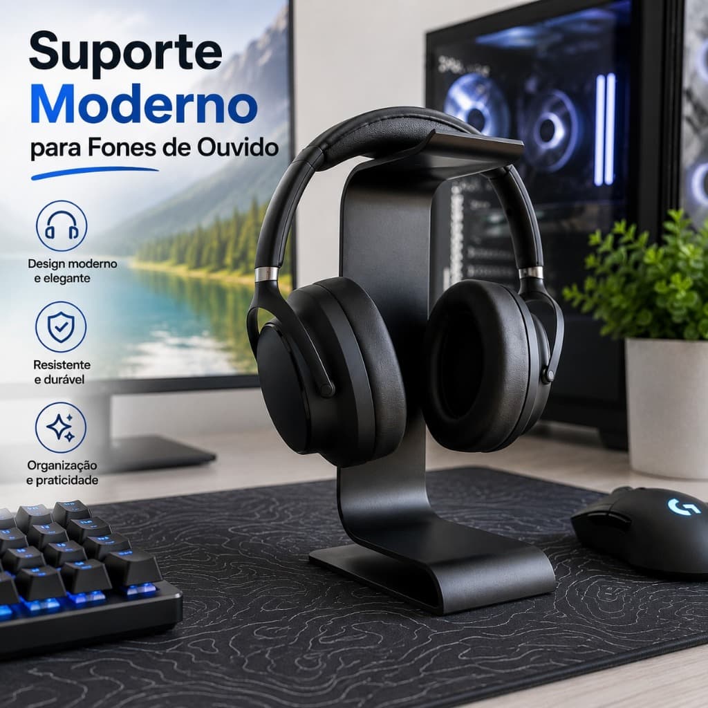 Suporte Moderno para Fones de Ouvido | Headset Universal | Decorativo de Mesa Gamer Geek | Varias Cores