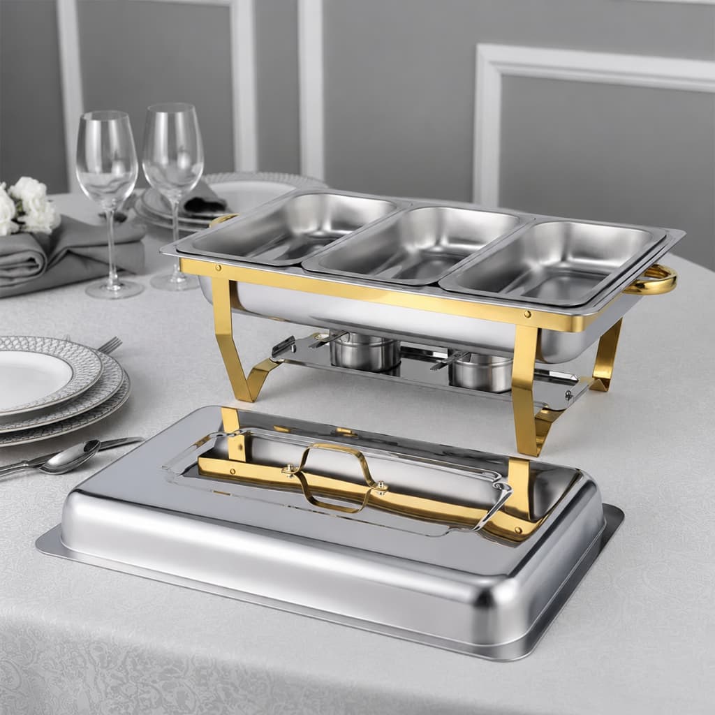 Rechaud Aço Inox Retangular 12L Detalhe Dourado Banho Maria Quente E Frio Buffet Restaurante