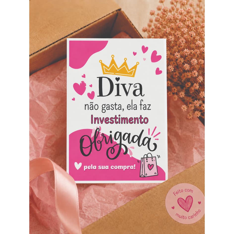100 Cartão DIVA Agradecimento Cliente Mimo Rosa Obrigada Pela Compra