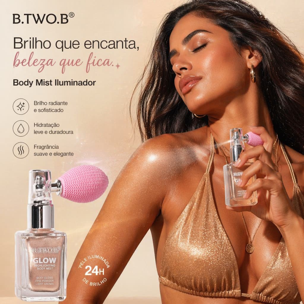 B.TWO.B Body Mist Iluminador Spray Corporal com Brilho Glow Hidratante Fragrância Suave