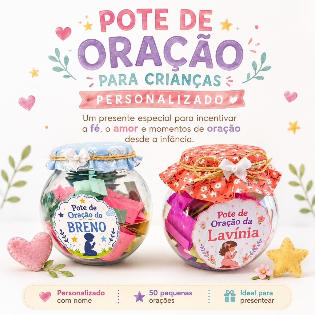 POTE DE ORAÇÃO Infantil Personalizado Com 60 Orações Diárias Presente cheio de amor, fé e propósito