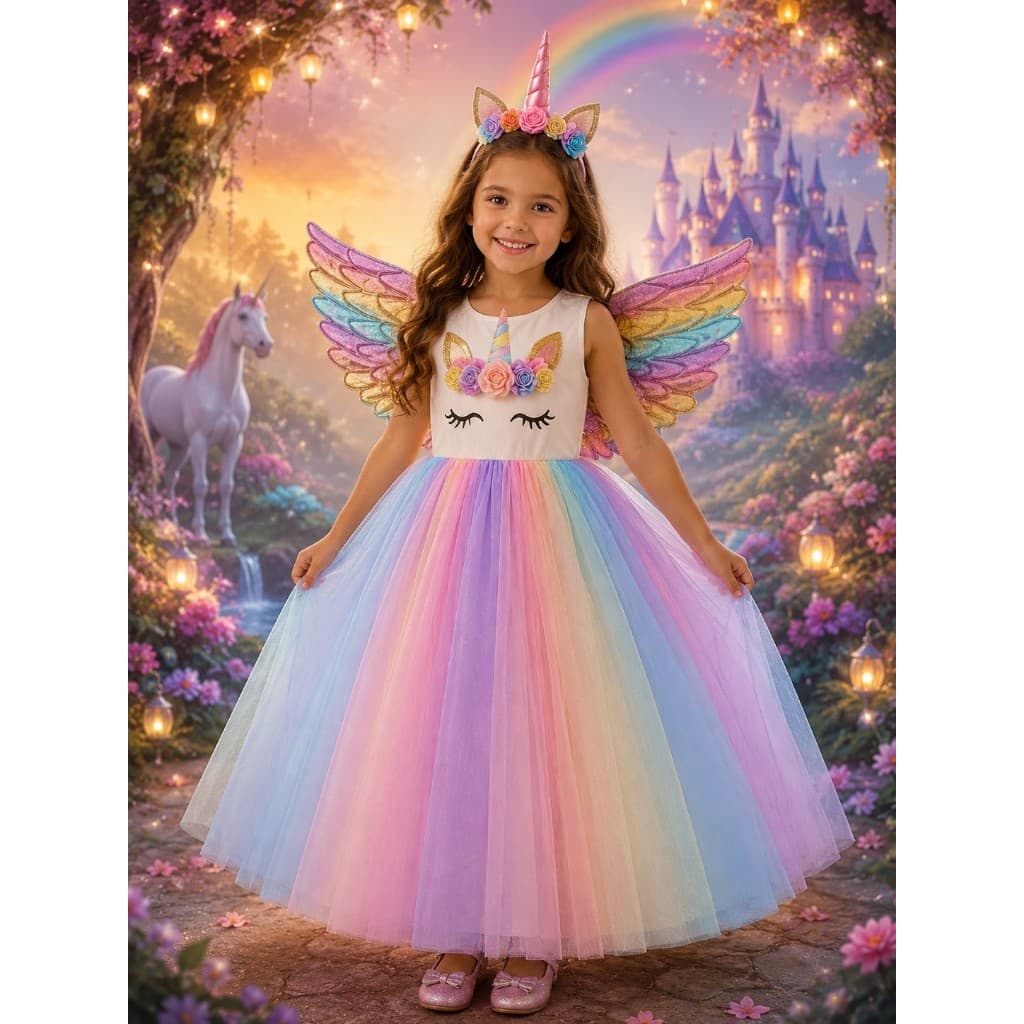Fantasia Vestido Infantil Princesa Unicórnio Com Saia de Tule Colorida Com Tiara de led & Asa