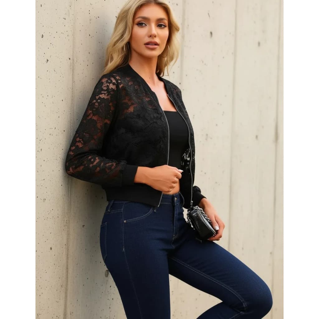 Jaqueta Feminina Bomber Renda Floral Transparente