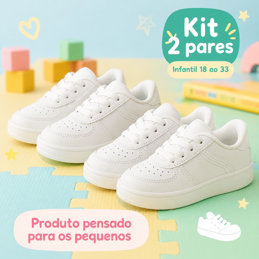 KIT 2 Pares Tênis Branco para Bebê e Infantil: Conforto Estilo do 18 ao 33, Ideal para Todas as Idades!