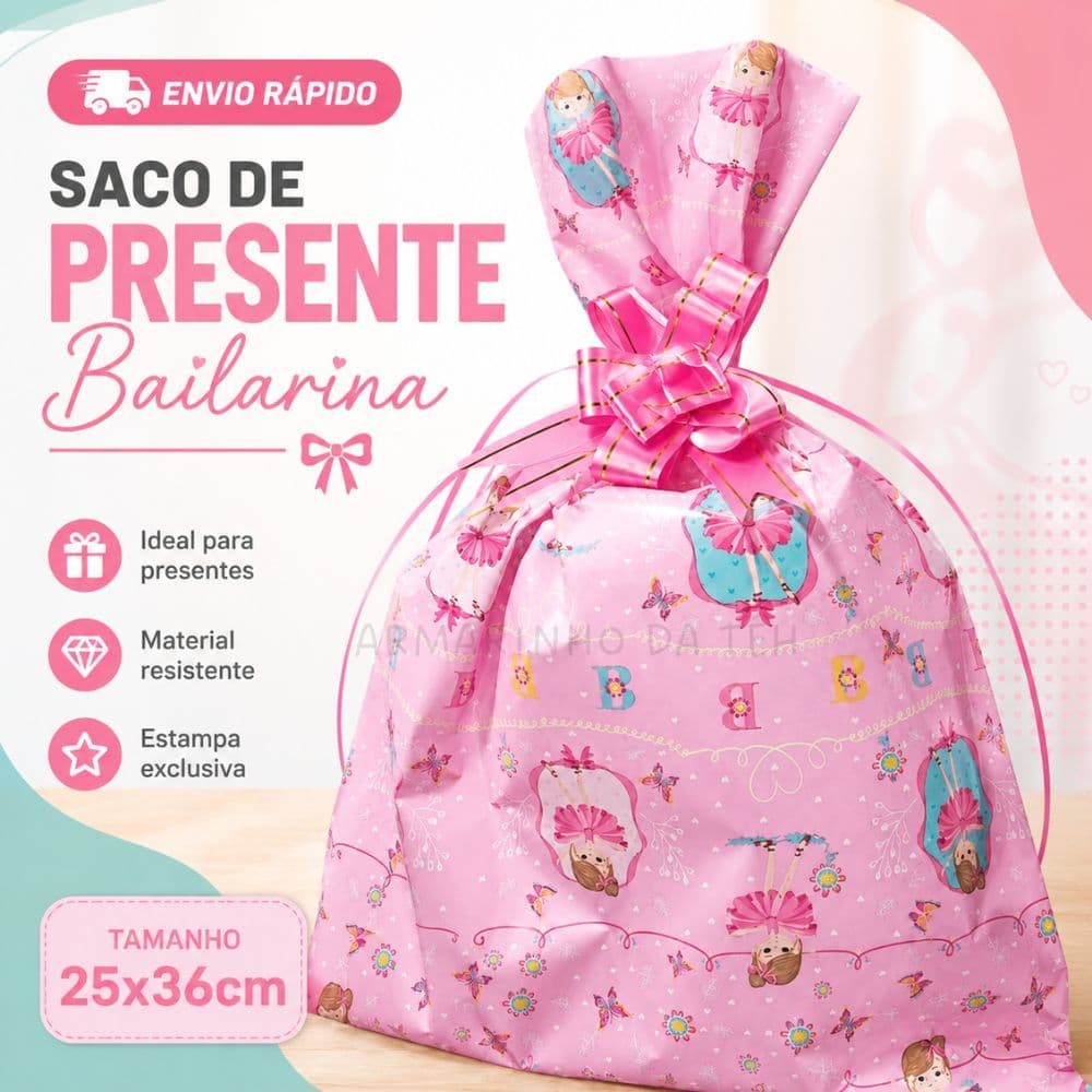 Saco de Presente Infantil Bailarina + Laço Rosa Decorativo  25x37 cm