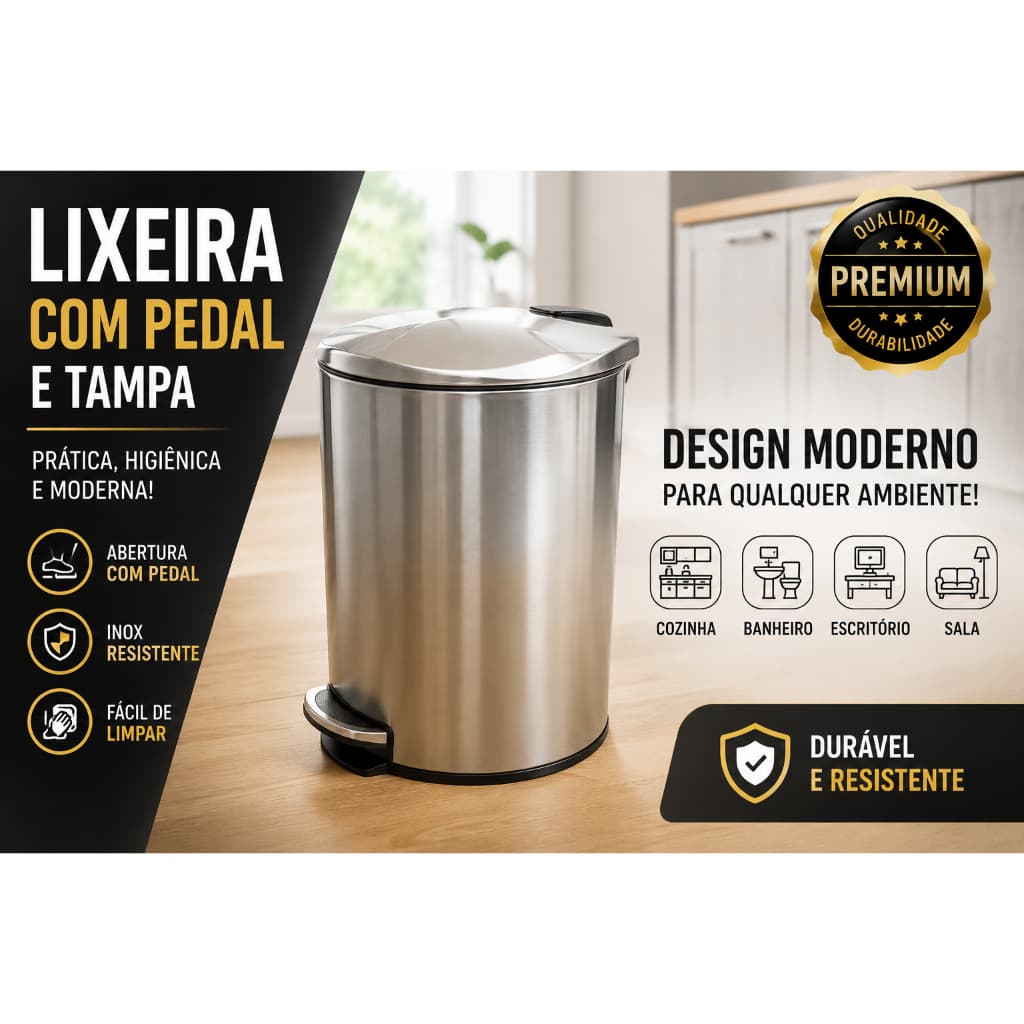 Lixeira Pedal 5 Litros Inox Moderna Higienica Resistente Banheiro Lavabo Escritorio