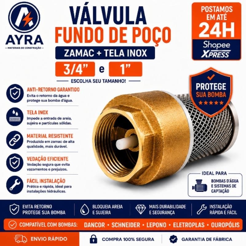 Válvula Fundo Poço Zamac + Tela Inox 3/4  e 1 Polegada Anti Retorno Protege Bomba D'água Universal