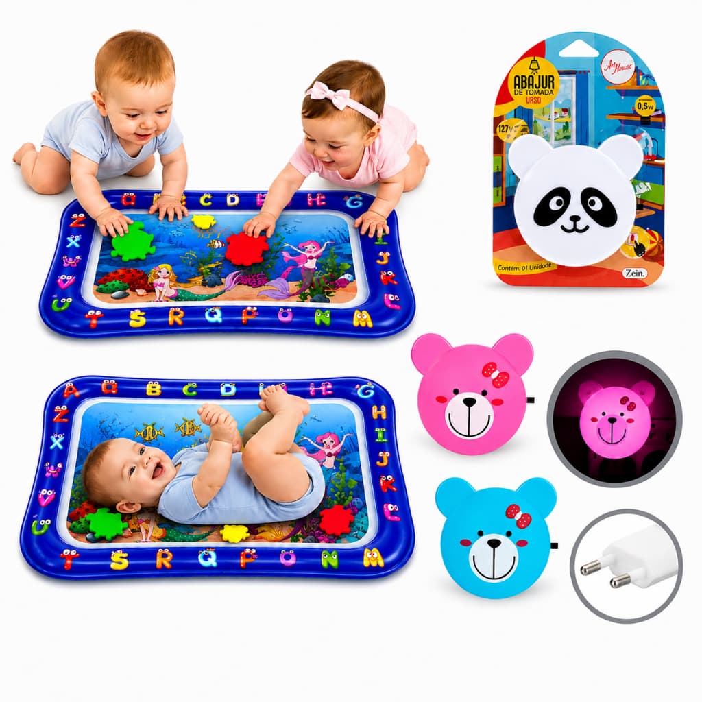 Kit: Tapete de Água Inflável Atividades Sensorial para Bebê + Abajur de Tomada LED Ursinho 120V/220V BIVOLT