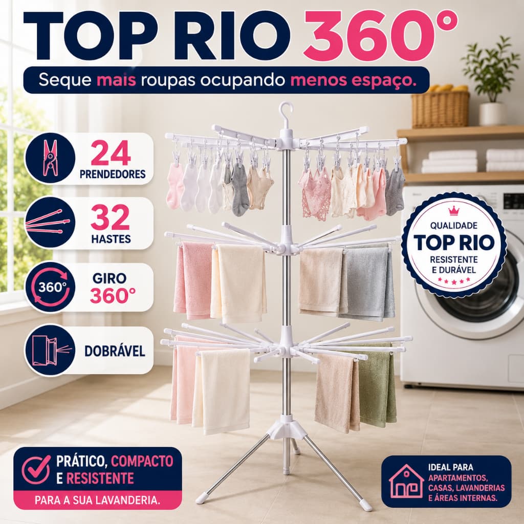 Varal Dobrável Giratório Chão Branco Prático Compacto Resistente Secagem Rápida Espaço Econômico