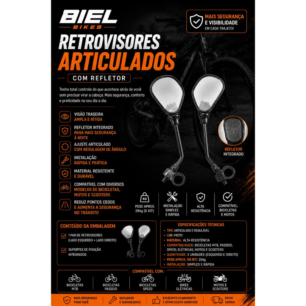 Par Espelho Retrovisor Articulado para Bicicleta com Refletor Guidão Bike Moto MTB Segurança