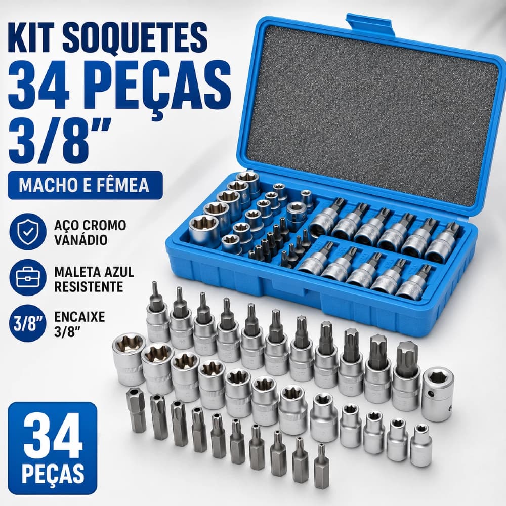 Kit 34 Peças Soquetes aço cromo vanádio Macho Femea 3/8 com Azul caixa Ferramenta Manual Segura para Perfuração