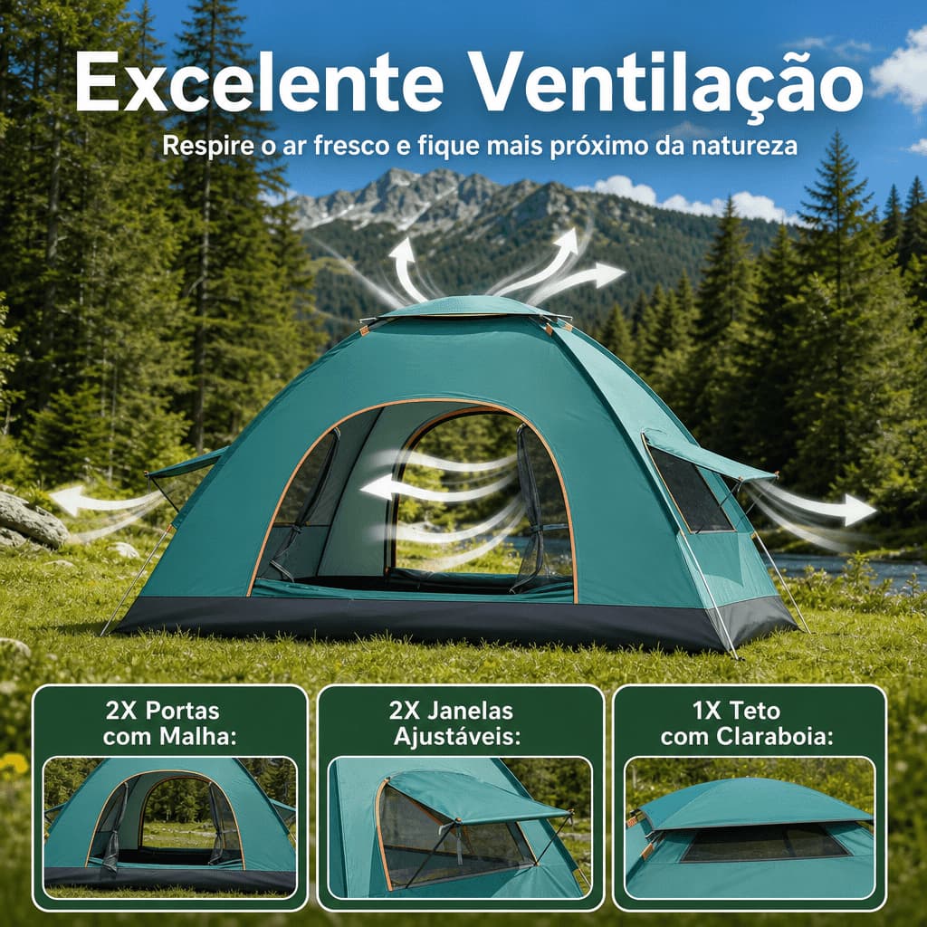 Barraca de Camping 3 Pessoas Impermeável – Fácil Montagem, Leve e Resistente ao Vento, Ideal para Praia e Trilha
