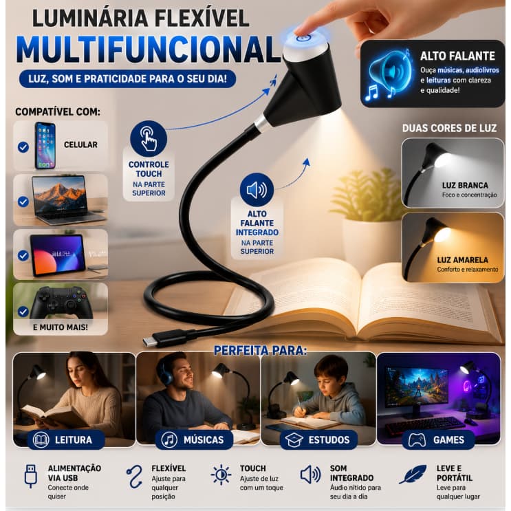Luminária Abajur USB com 2 Niveis de Luzes Touch e Som - Elsys