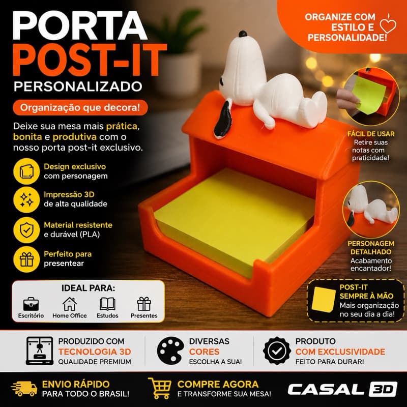 Porta Post-it Snoopy Organizador Bloco Memo Decoração Mesa