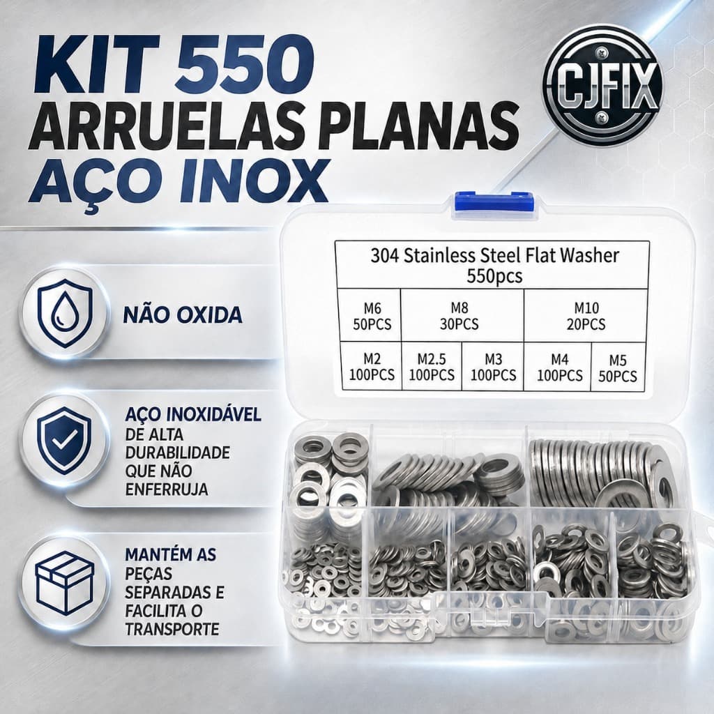 KIT 550 ARRUELAS PLANAS AÇO INOX M2 M2.5 M3 M4 M5 M6 M8 M10