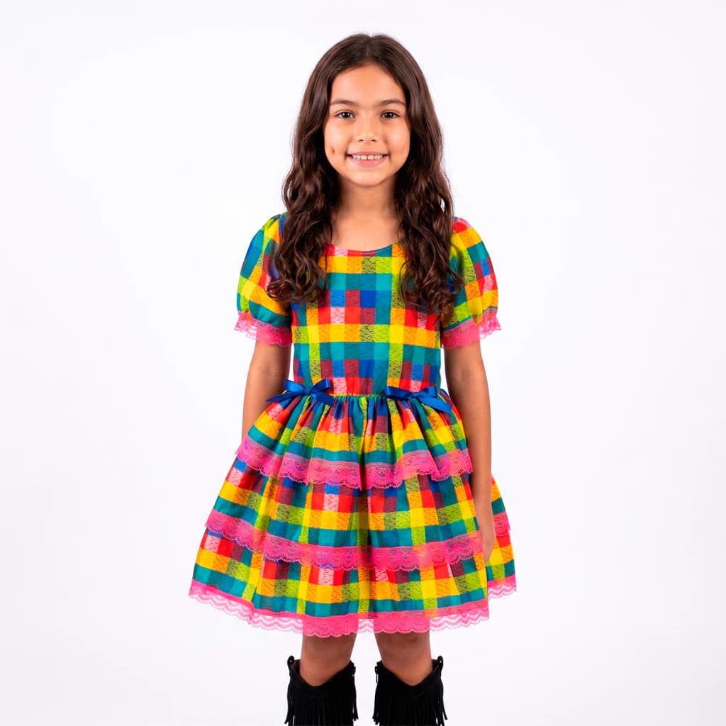 Vestido São João Colorido Roupa Junina Xadrez Fest Infantil Caipira