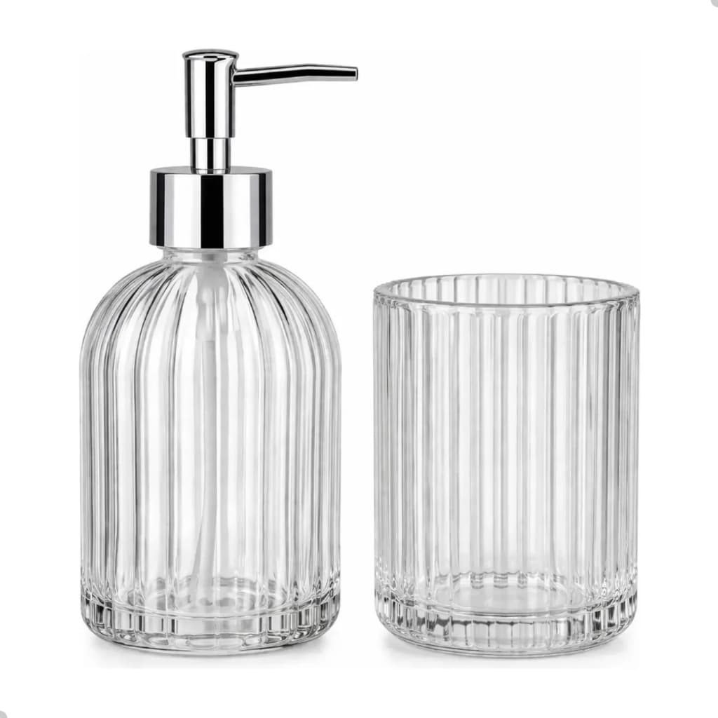 Kit Para Banheiro em Vidro Dispenser 400ml Porta Escova Elegante Lavabo Pia 2 Peças Decorativo