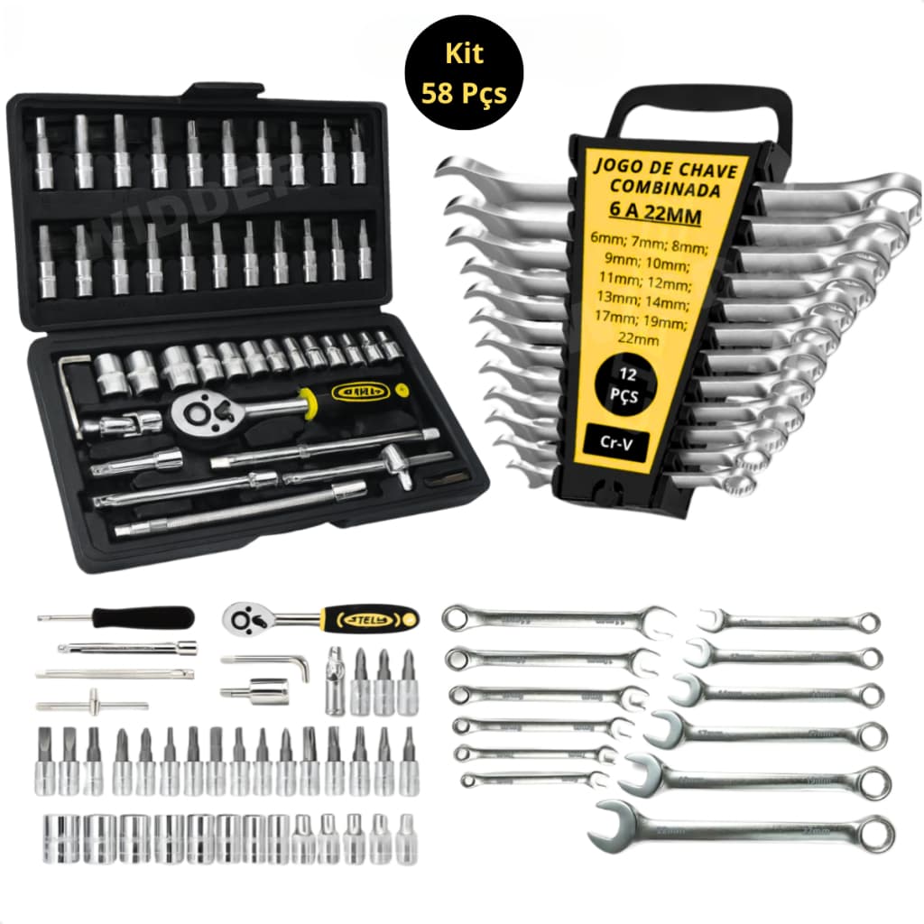 Jogo Chaves Combinadas Soquete Catraca Chave De Boca Fenda Philips Soquetes Kit Ferramentas Completo 58 Peças Aço Crv