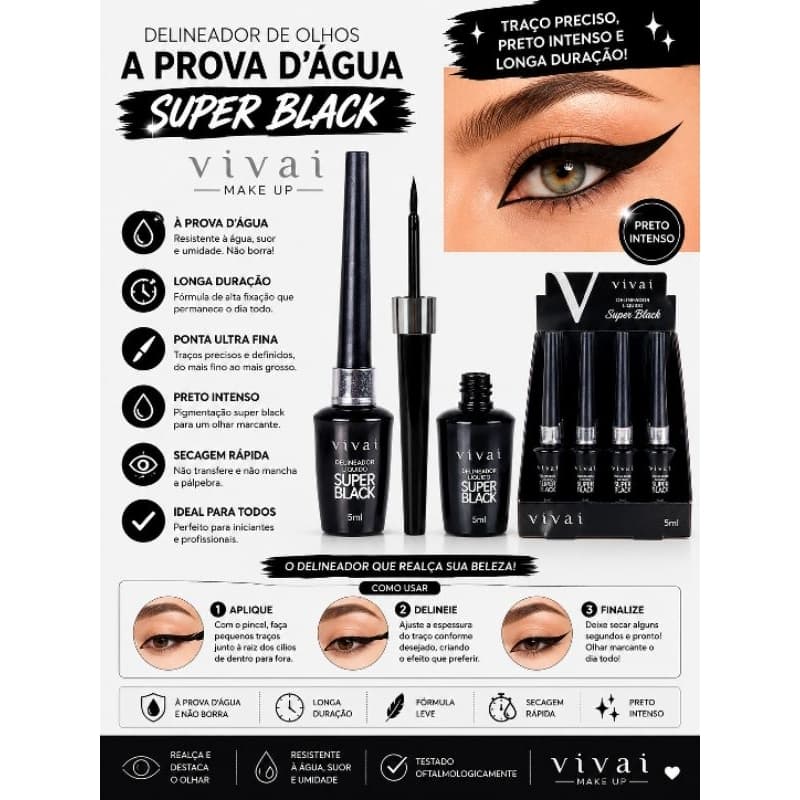 Delineador de olhos em gel a prova d'água super black Vivai