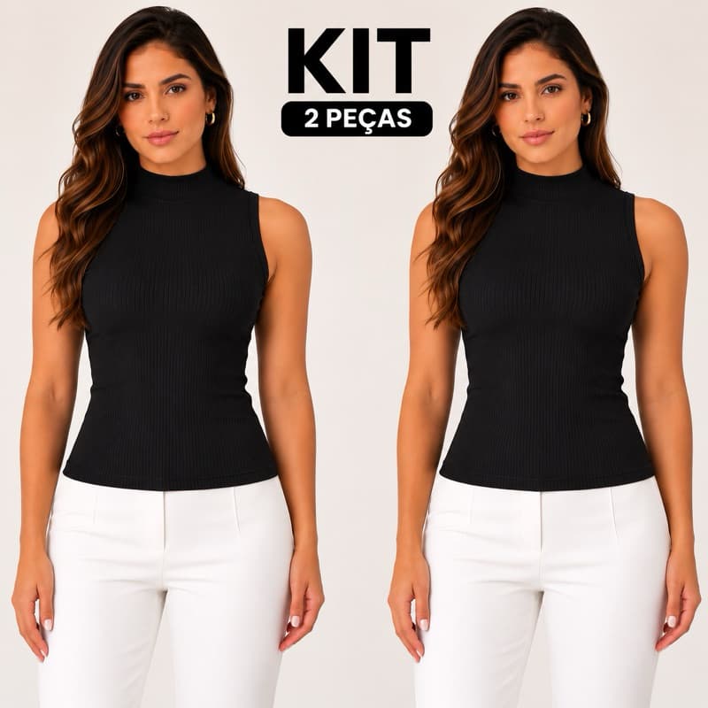 Kit 2 Regatas Canelada Feminina Gola Alta malha Premium Preta Poliester Lisa Não Transparente Básica Blusa Regata Casual