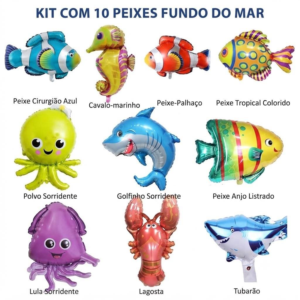 Kit 10/20/30 Balões Metalizados Fundo do Mar Menino Peixe Nemo Tubarão Festa Decoração Aniversário