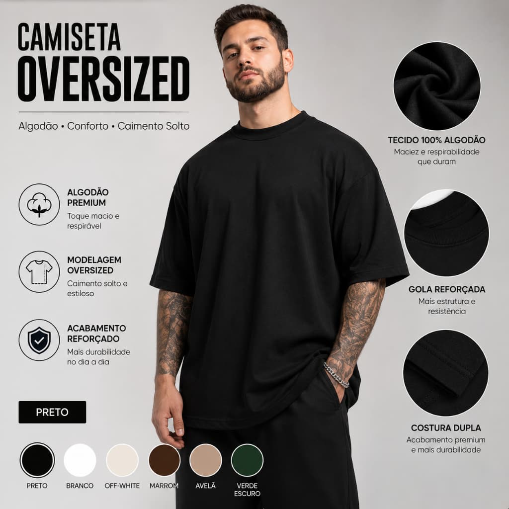 Camiseta Oversized Masculina Streetwear 100% Algodão Malha Fio 30.1 Confortável, Casual Cores e Tamanhos P/M/G/GG