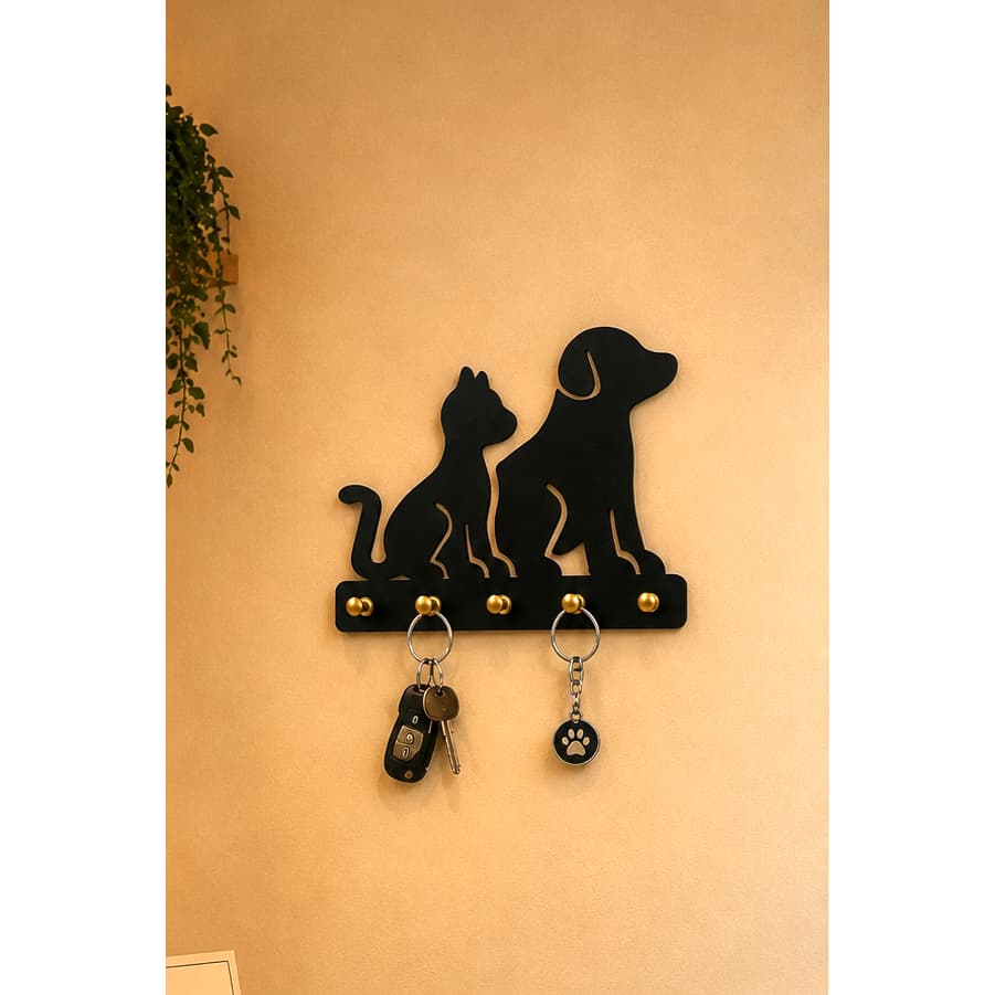 Porta-Chaves Pet Gato e Cachorro MDF Preto 20x20cm 5 Ganchos