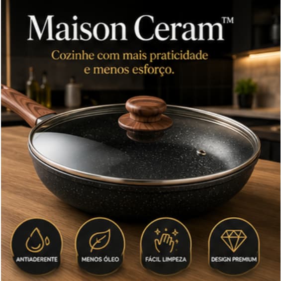 Frigideira Antiaderente Nanocerâmica 28cm com Tampa 3,6L Preta para Fogão Maison Ceram™