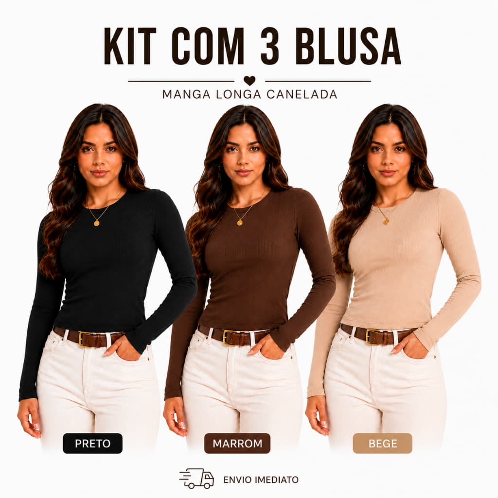 Kit 3 Blusa feminina Manga Longa Lisa Canelado Premium Inverno Frio
