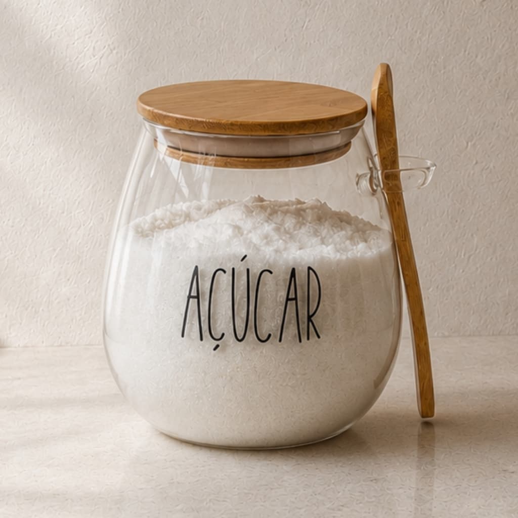 Açucareiro hermético Bojudo de vidro c/ tampa e colher de bambu 650ml