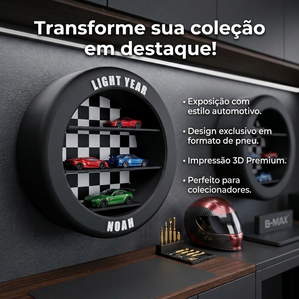 Nicho TurboDisplay 3D – Prateleira em Formato de Pneu para Carrinhos Colecionáveis