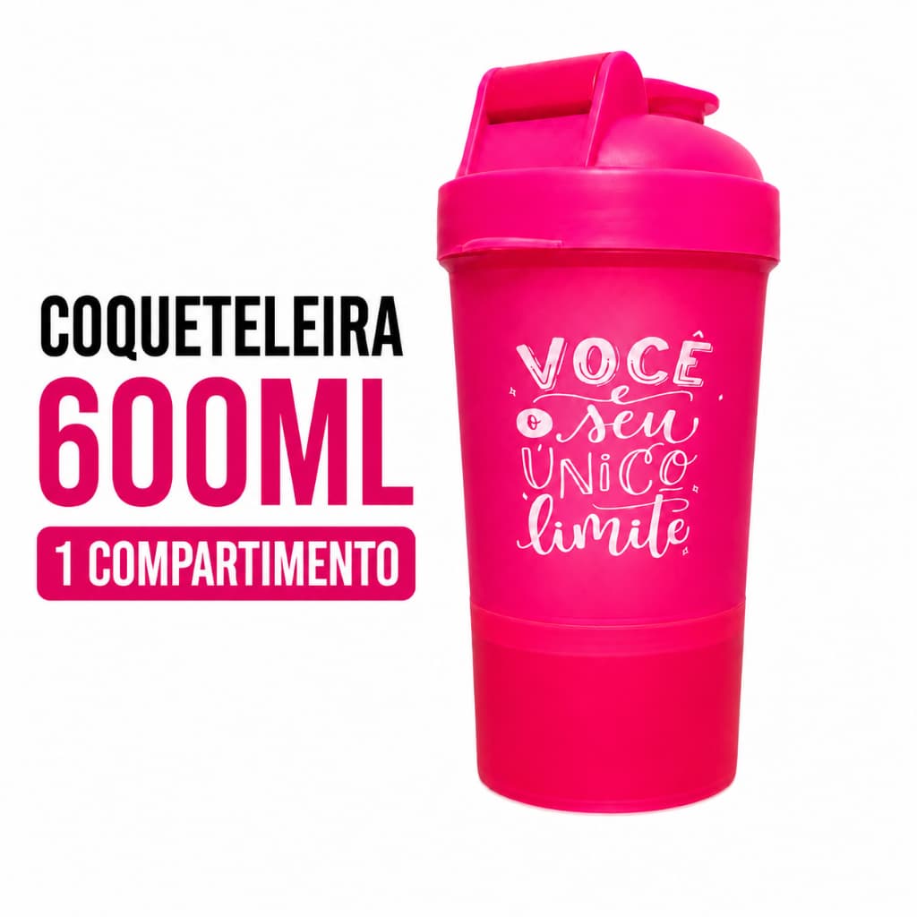 Coqueteleira Rosa Shaker 600ml Com Compartimento Academia Fitness Whey Creatina Treino Protein