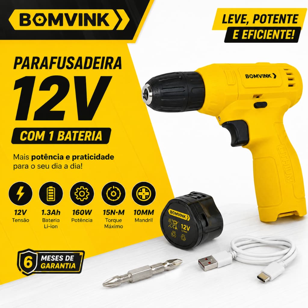 Parafusadeira/Furadeira Sem Fio Bomvink 12V com Bateria Recarregável