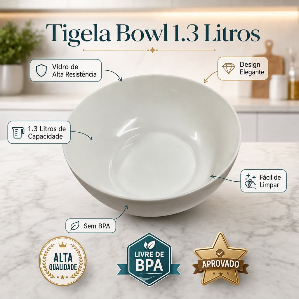 Kit 3/6 Bowls Tigela 1.3 Litros Servir Sopas Caldos Açaí Cumbuca Vidro Branco