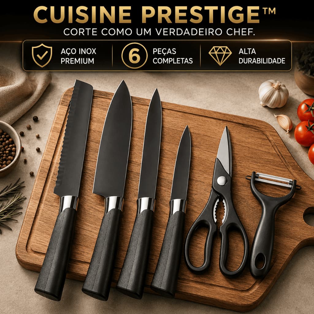 Jogo de Facas 6 Peças Chef Profissional Aço Inox Premium Cozinha Churrasco Kit Completo