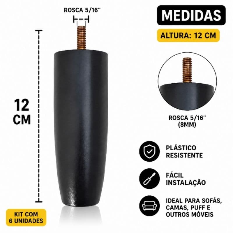 Pés de Plástico para Cama Box 12cm - Alta Resistência, Instalação Fácil, Compatível M10