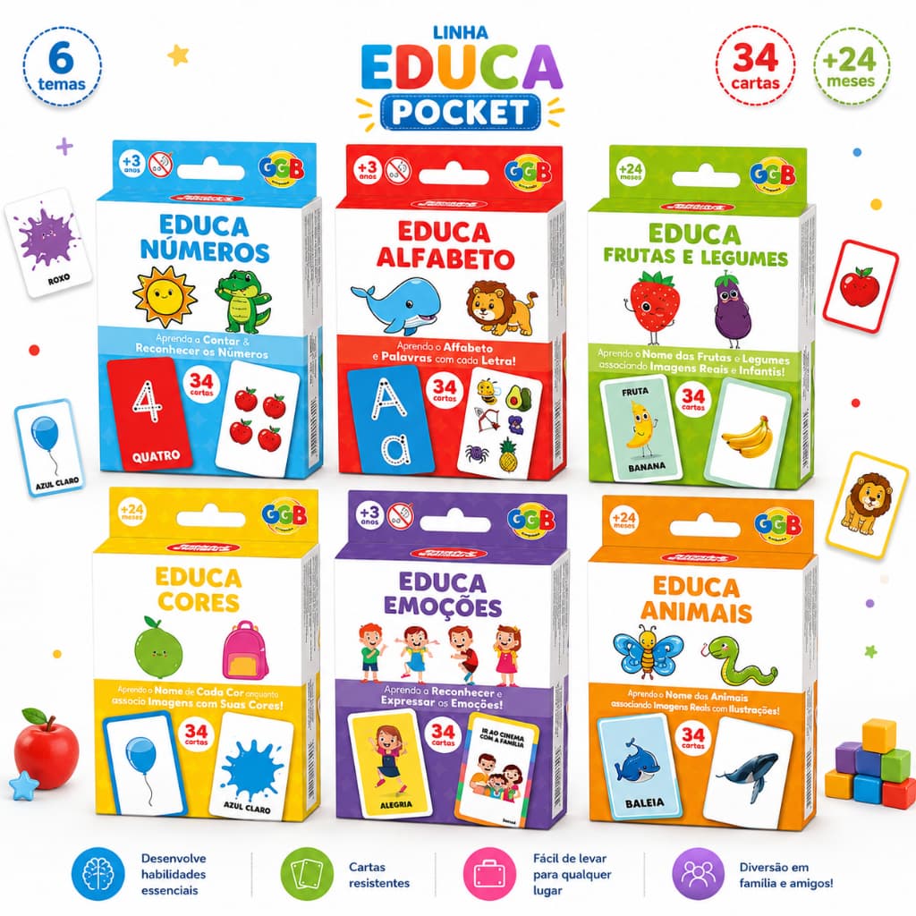 Jogo Educativo Cartas Educa Pocket GGB 34 Cartas | Alfabeto Números Cores Animais Emoções Frutas e Legumes