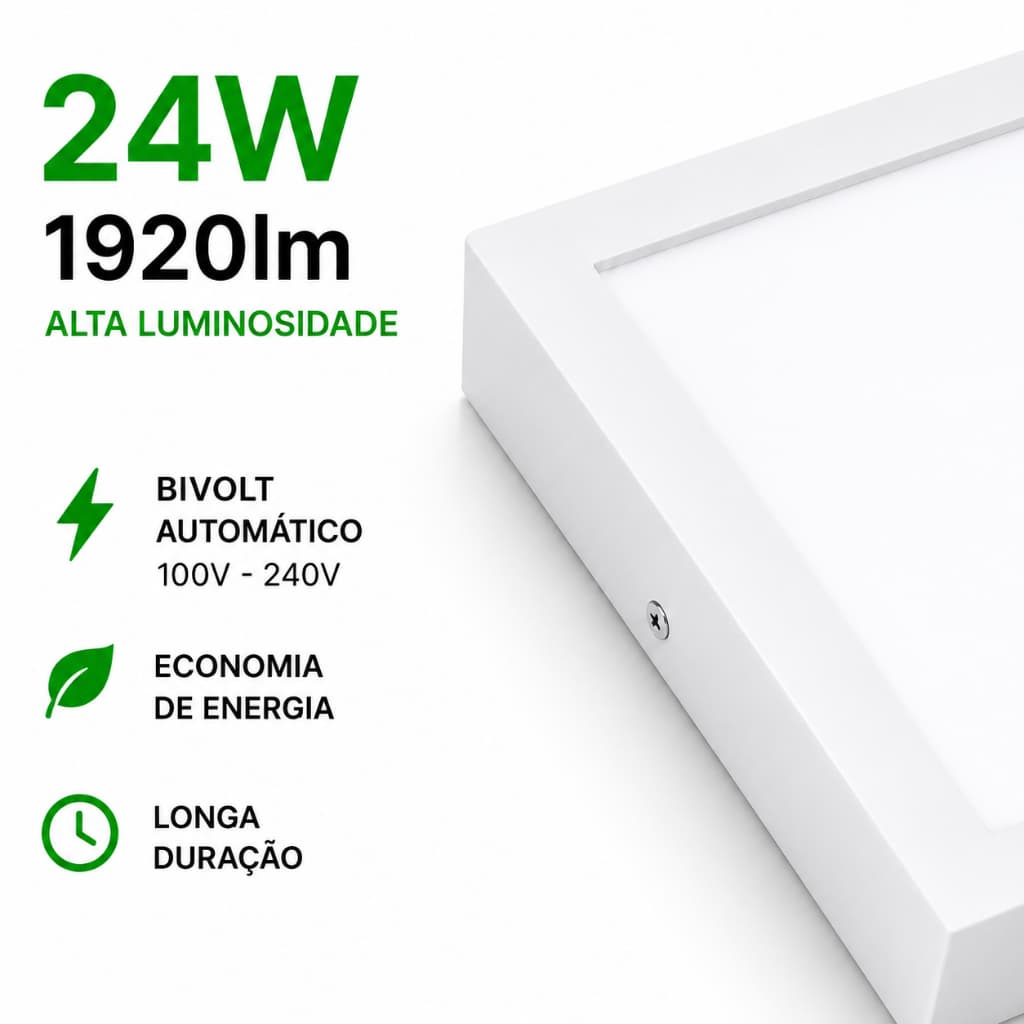 Painel Led Quadrado Sobrepor 24w 6500k Bivolt 1920lm Branco