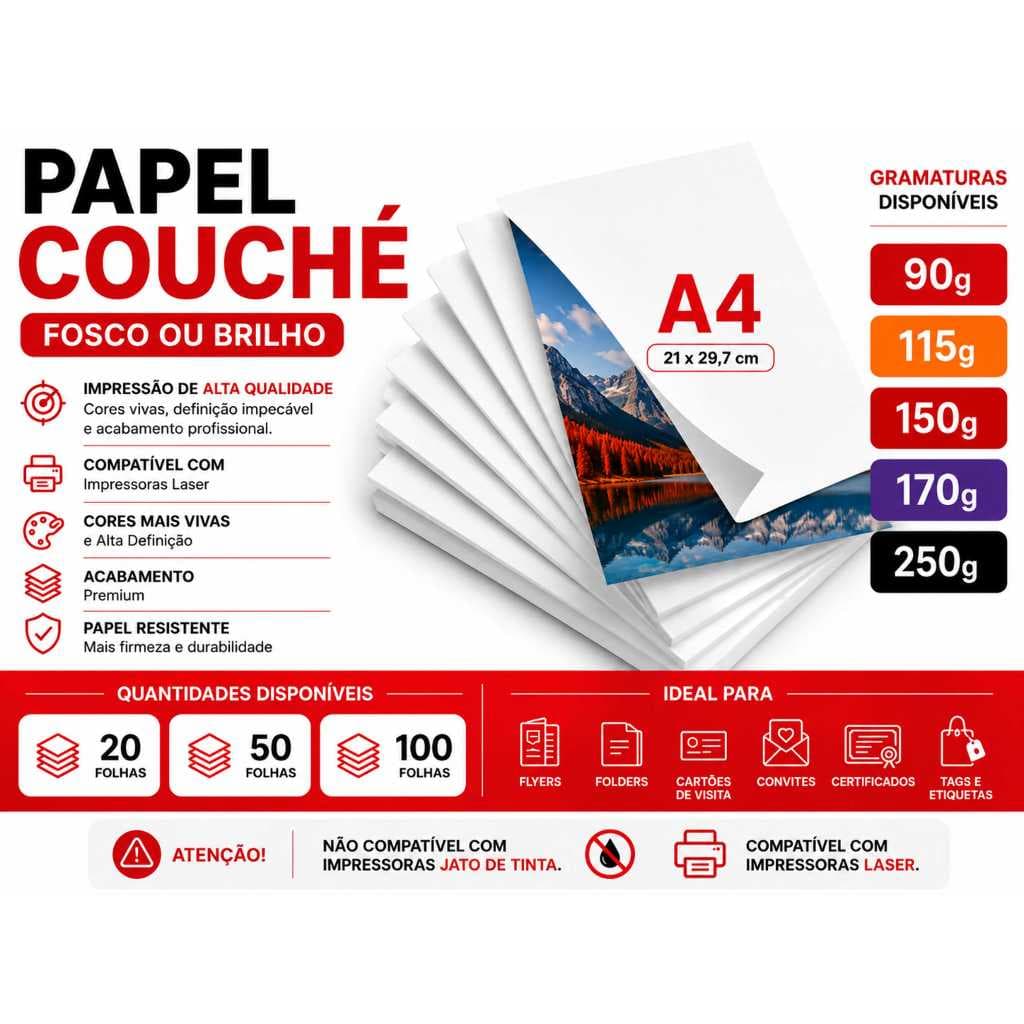 Papel Couché A4 Fosco ou Brilho 90g 115g 150g 170g 250g 20, 50 e 100 Folhas