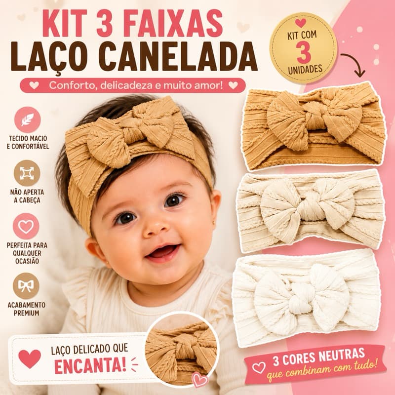 Kit 3 Faixas de Cabelo Bebê com Laço Canelado | Faixa Turbante Infantil Macia e Confortável